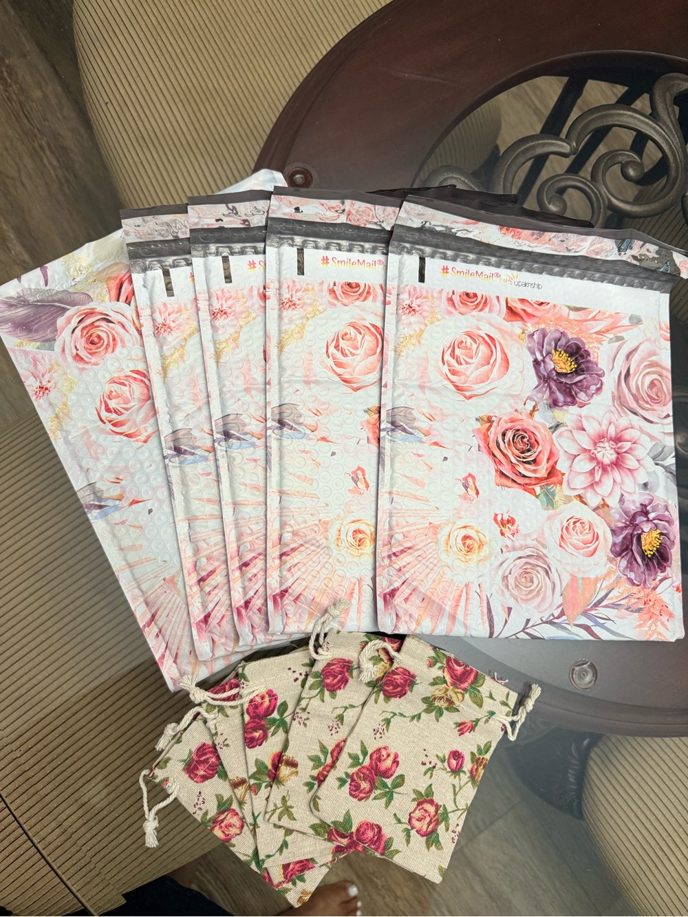 Floral Bubble Mailers 8x12 and Rose Drawstring Bags - set of 10